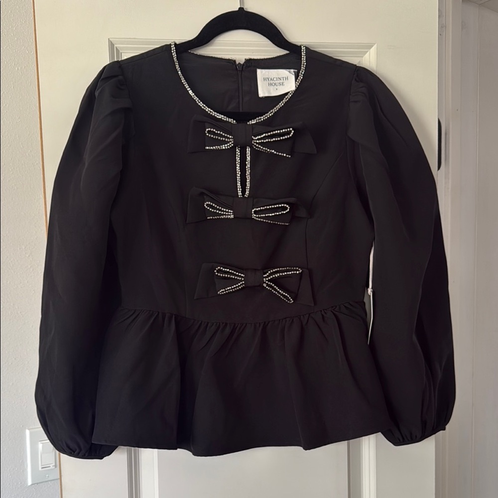Black Puff Sleeve Peplum Blouse with Bib Collar